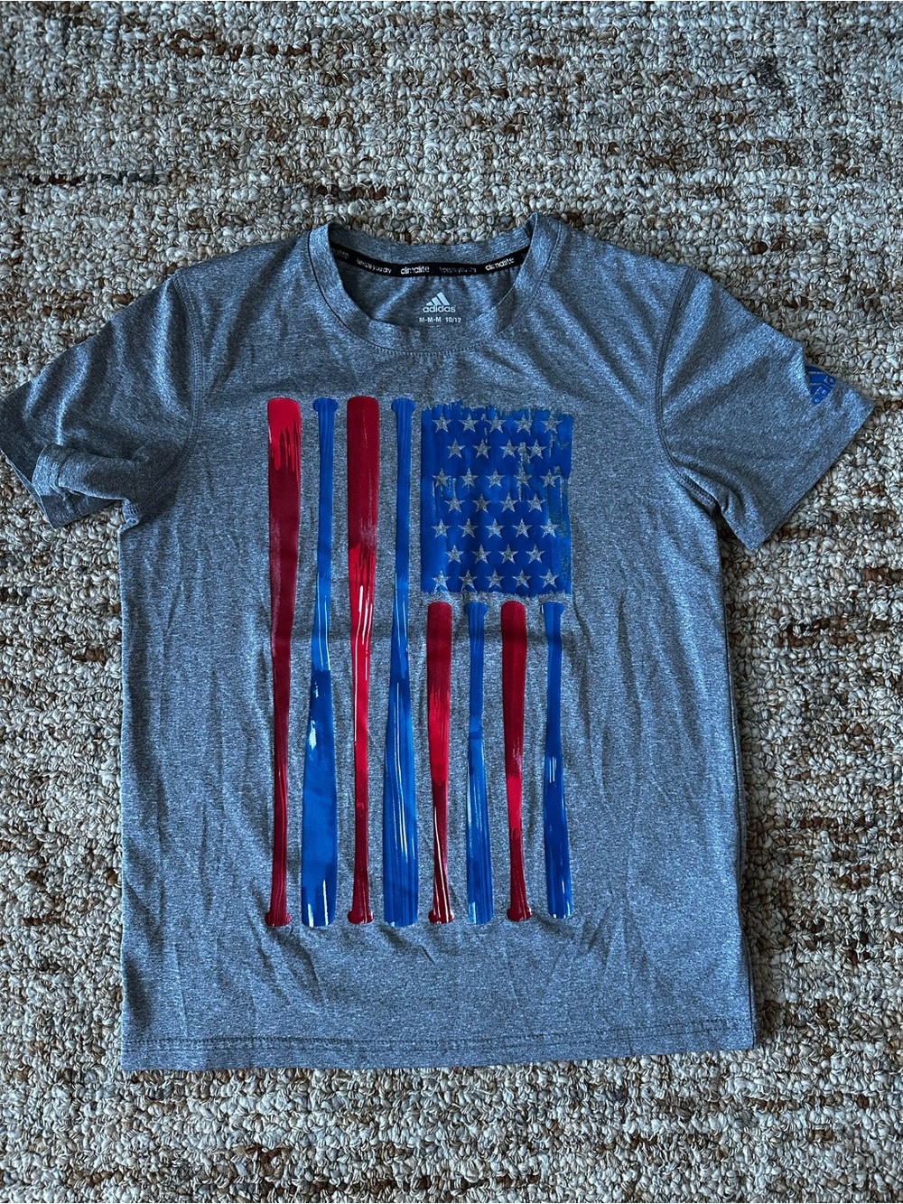 Adidas Kids Gray T‑Shirt with Red & Blue Baseball Bat Flag Graphic
